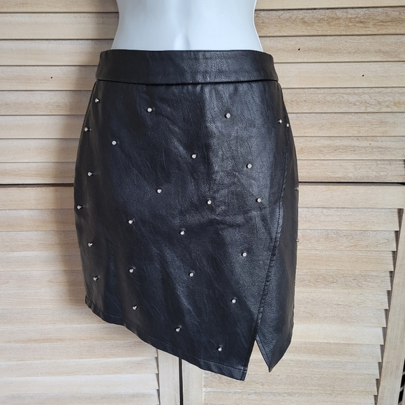 By the Way Faux Leather ASHLYN Black Studded Rhinestone Assymetrical  Skirt XS - Picture 1 of 8